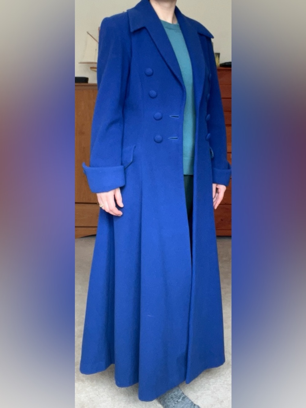 cobalt blue unique A-Line Notched Collar wool and cashmere fitted long coat